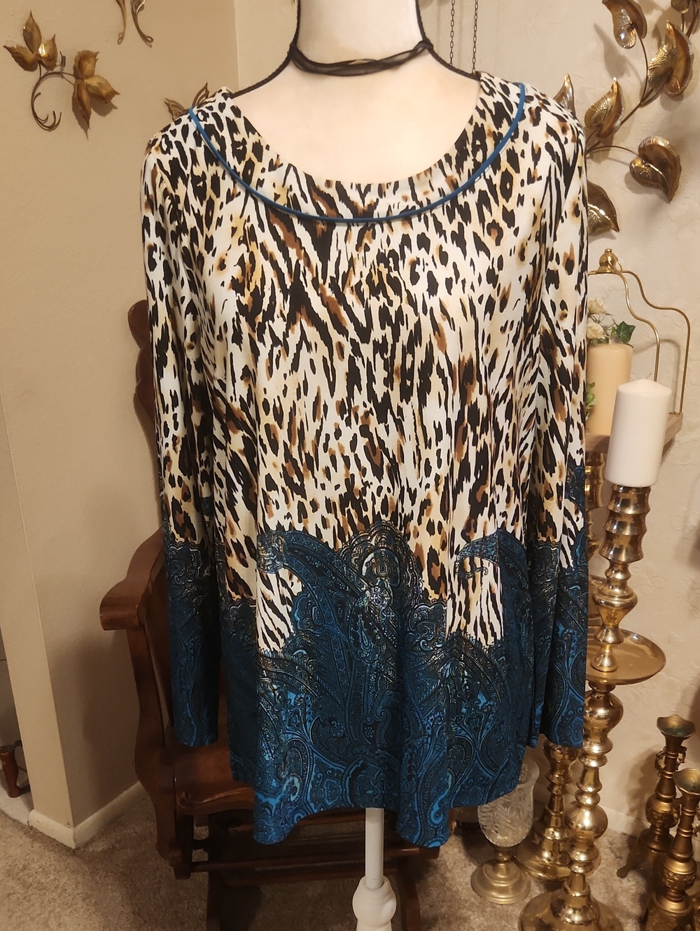 Susan Graver Ivory, Brown & Teal Long-Sleeve Tunic Top